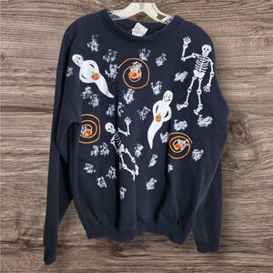 Wet Paint‎ Vintage Halloween ghost skeleton hand painted sweatshirt unisex sz XL